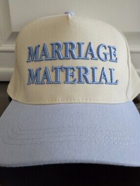 'Marriage Material' Embroidered Baseball Cap - Cream & Light Blue